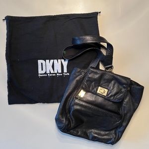 DKNY Black Leather Backpack Purse With Brass Hardware And Dust Bag 90s